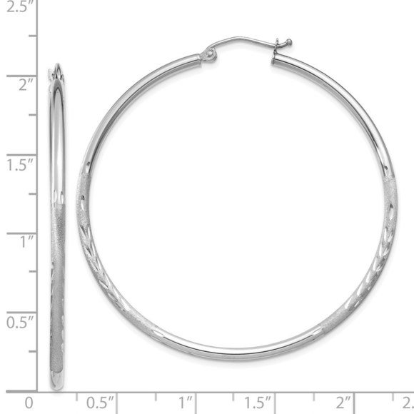 14k White Gold Satin and Diamond-cut 2mm Round Hoop Earrings - Picture 2 of 4